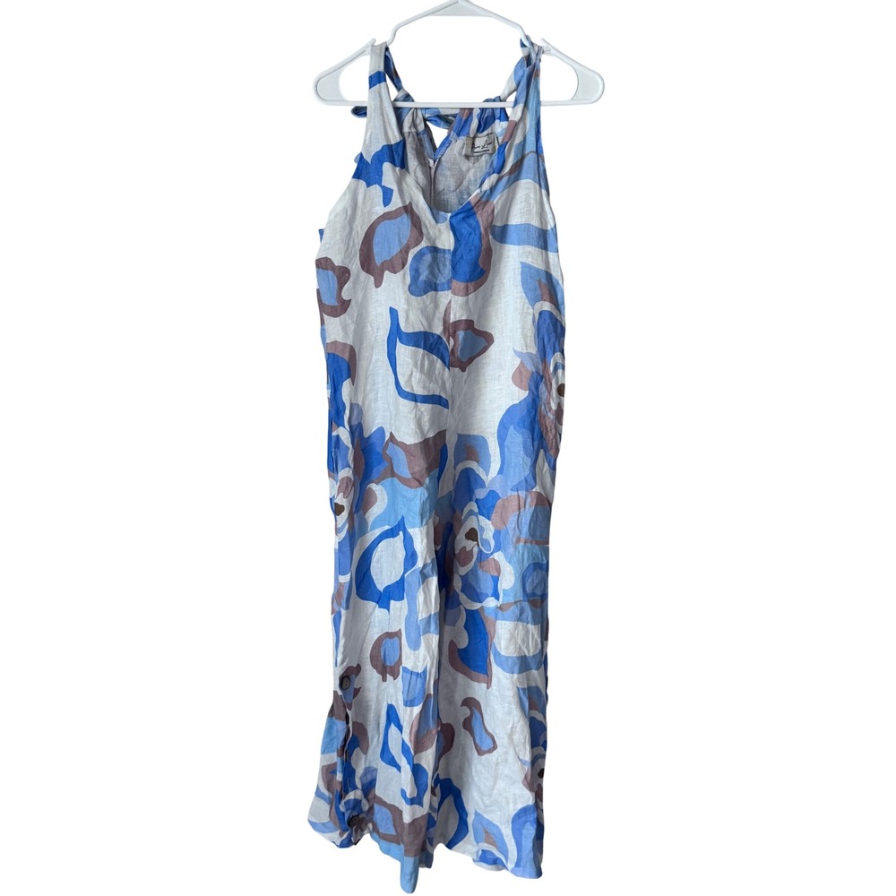Puro Lino Italy 100% Linen Abstract Blue Floral Wide Leg Halter Jumpsuit 2588